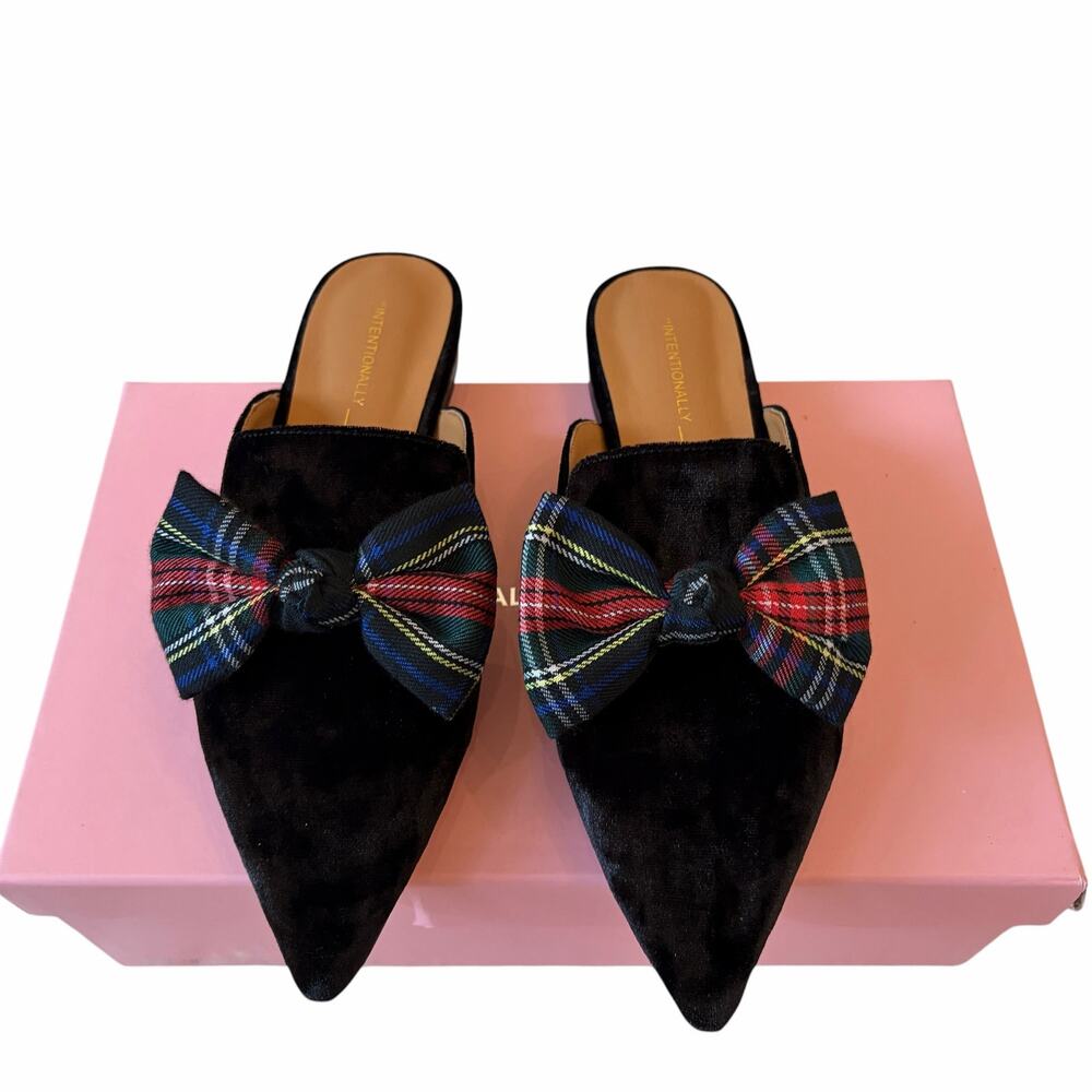 INTENTIONALLY BLANK Tartan Black Velvet Picadeli Plaid Bow Mules Size 6 New - Picture 6 of 16